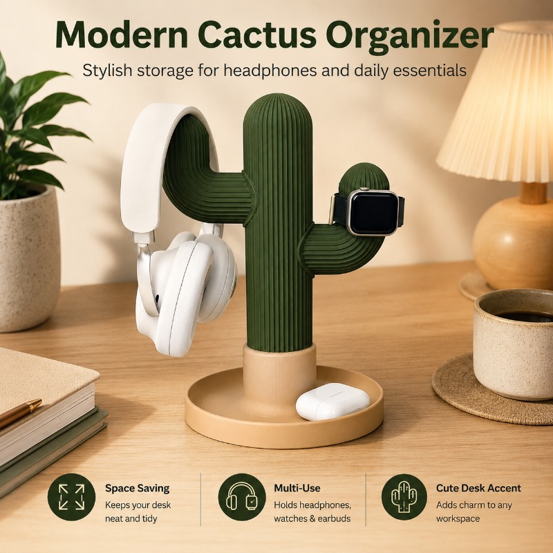 Gaming Accessories For Setup - Minimalist Cactus Headset Stand Multi Use